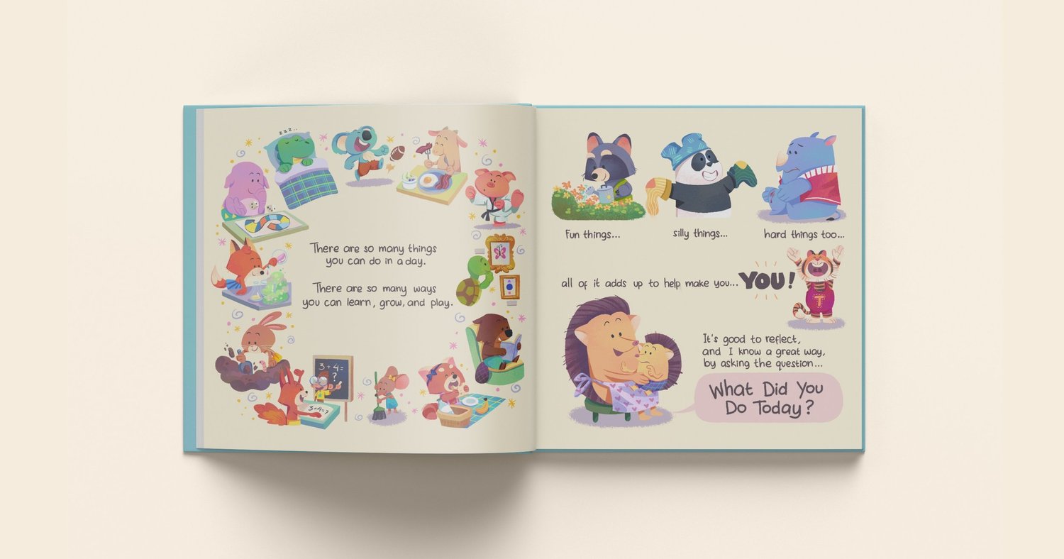 Open-book spread showing animal characters reflecting on activities from their day.