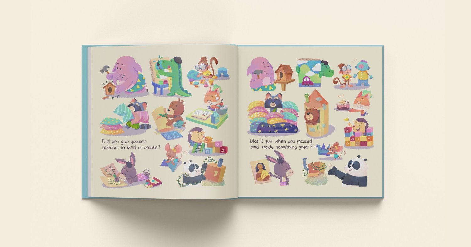 Open-book spread showing animal characters building, creating, and making things.